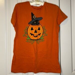 Halloween Black Cat and Pumpkin Orange Graphic T-Shirt